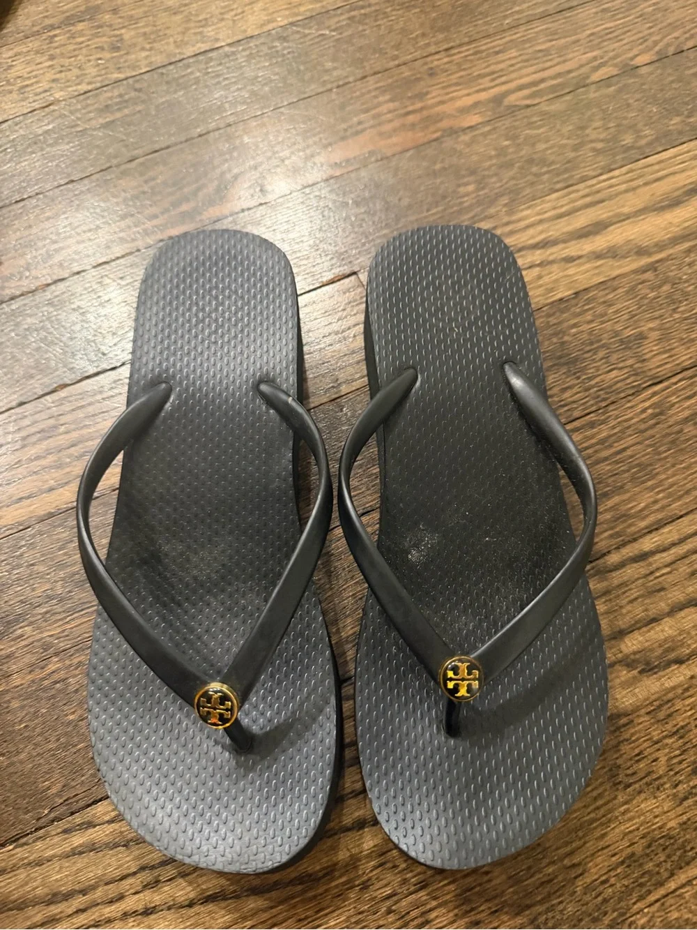 Tory Burch Black Flip Flops with Gold Logo